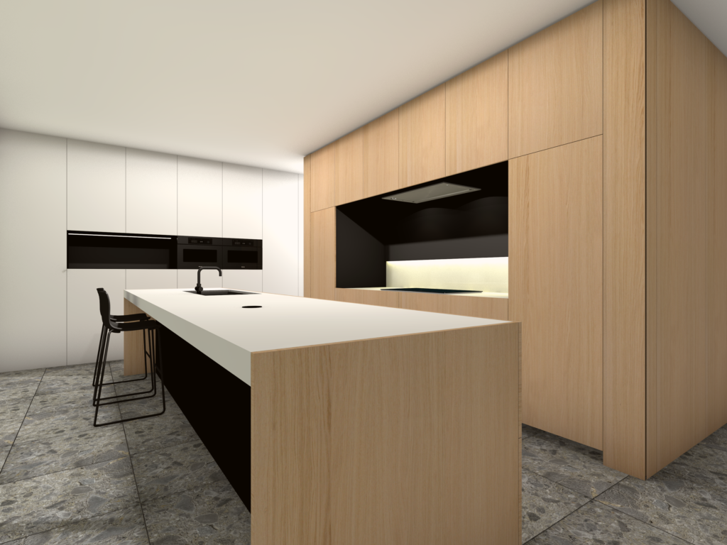 fotorealistische 3D render van keuken in eik fineer fronten met witte en zwarte accenten